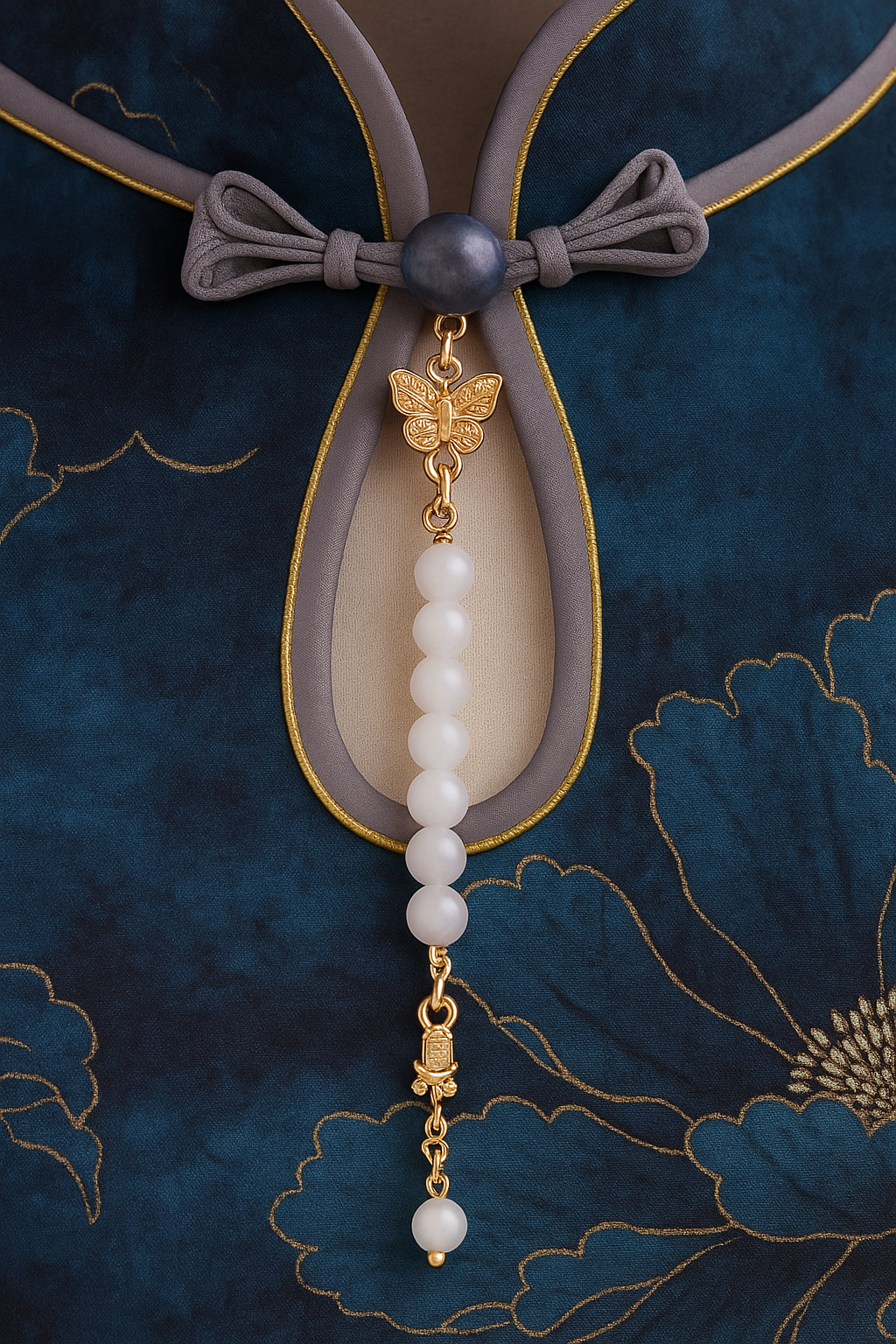 close up of Midnight blue qipao dress with floral patterns 