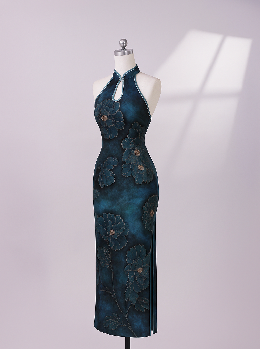 Midnight blue qipao dress with floral patterns 