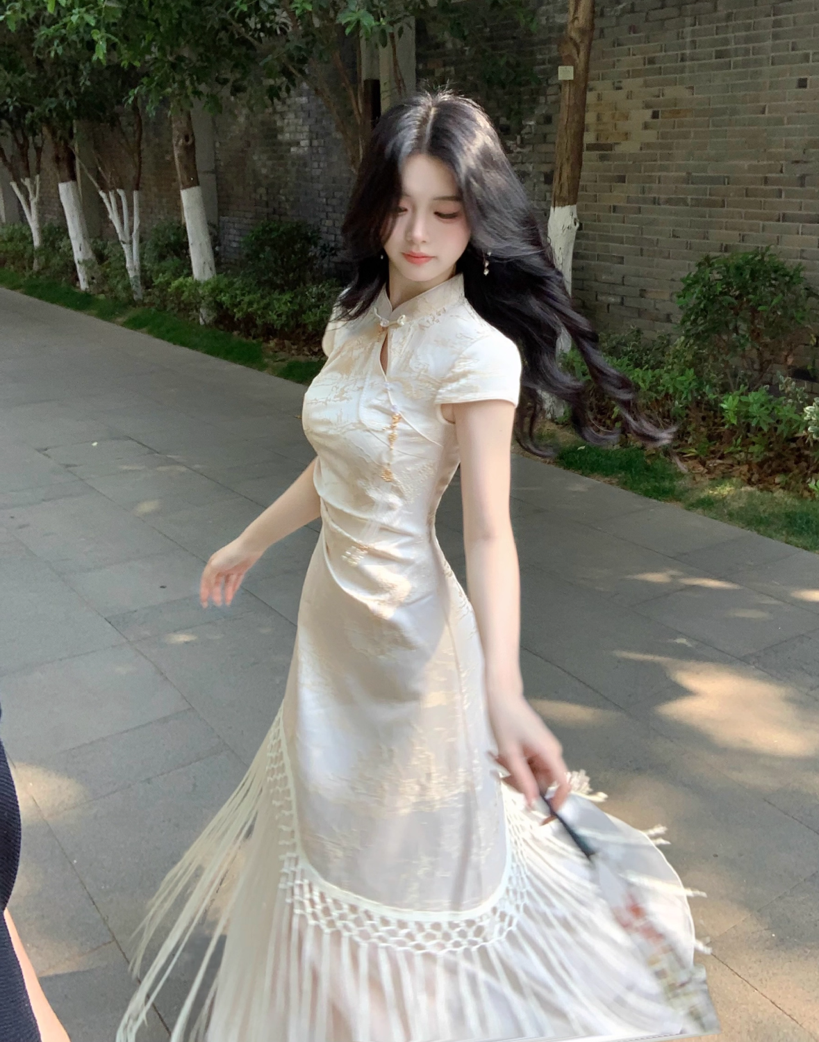 Platinum White Tassel Qipao Maxi Dress