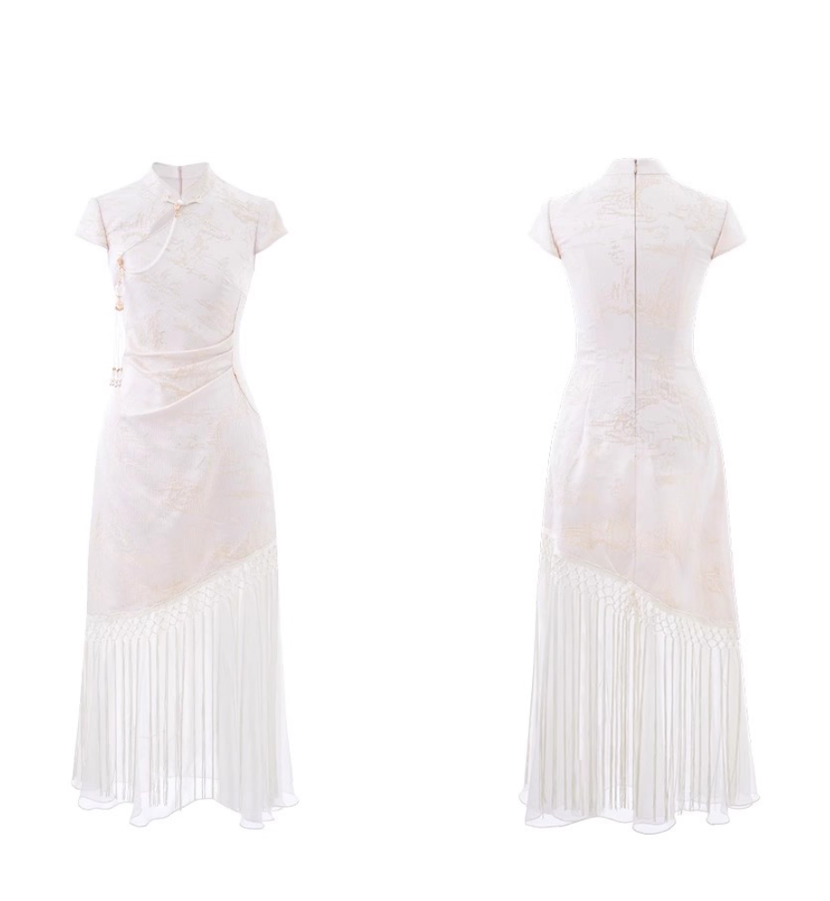 Platinum White Tassel Qipao Maxi Dress