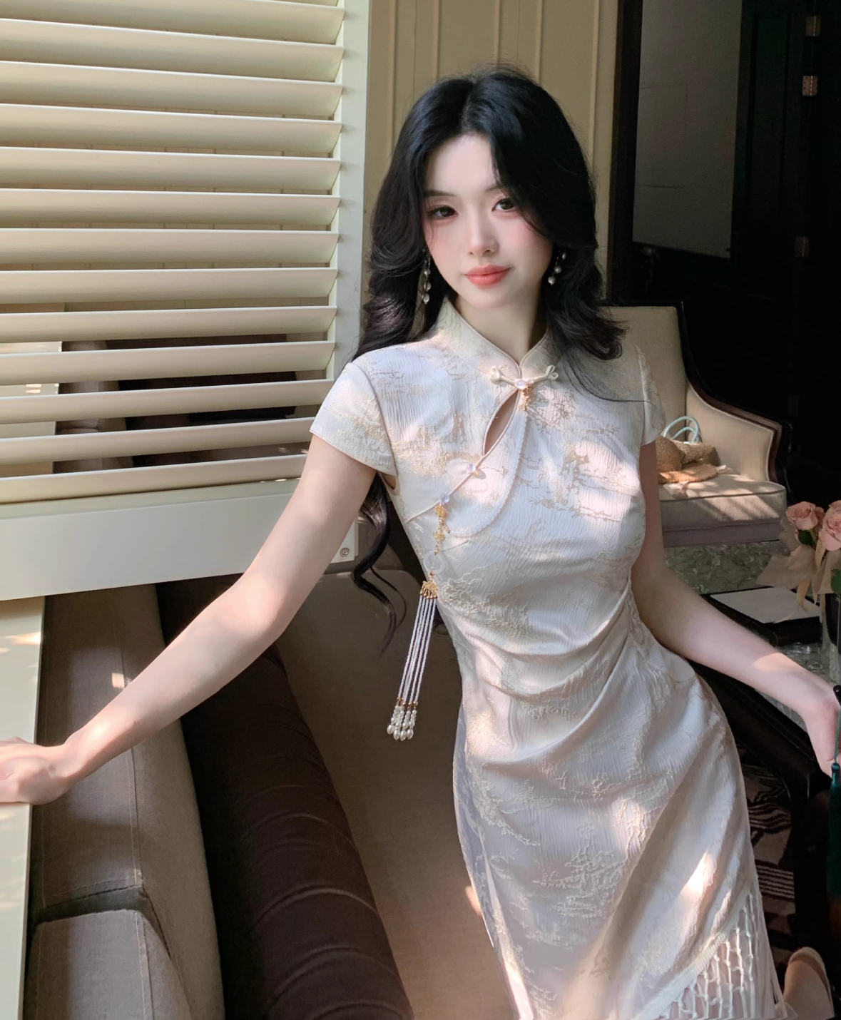 Platinum White Tassel Qipao Maxi Dress