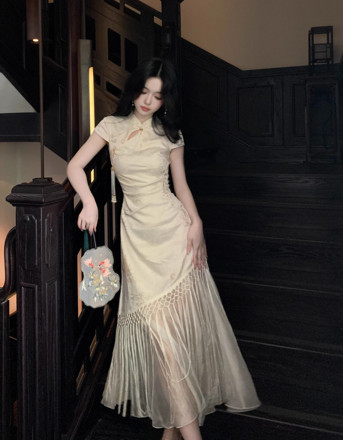 Platinum White Tassel Qipao Maxi Dress