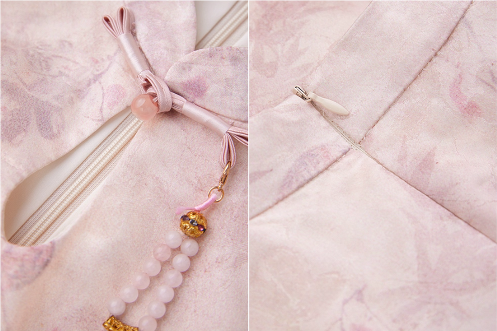 close up of  a Blush Pink Jacquard Slim-Fit Qipao Dress