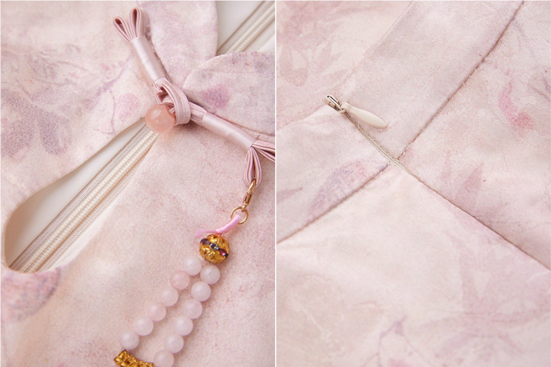 close up of  a Blush Pink Jacquard Slim-Fit Qipao Dress