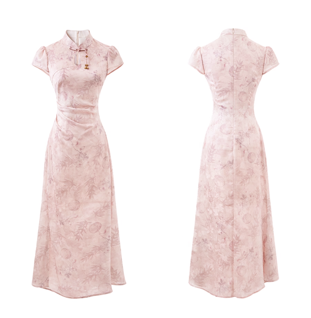 Blush Pink Jacquard Slim-Fit Qipao Dress