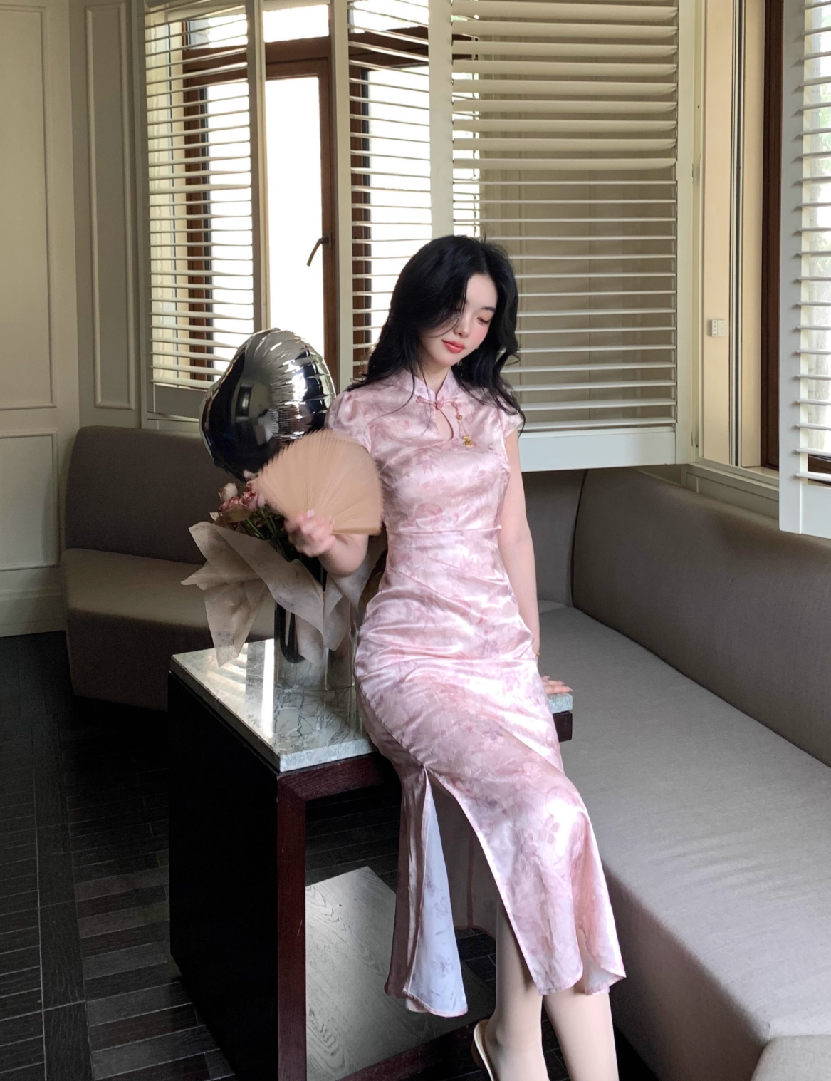 Blush Pink Jacquard Slim-Fit Qipao Dress