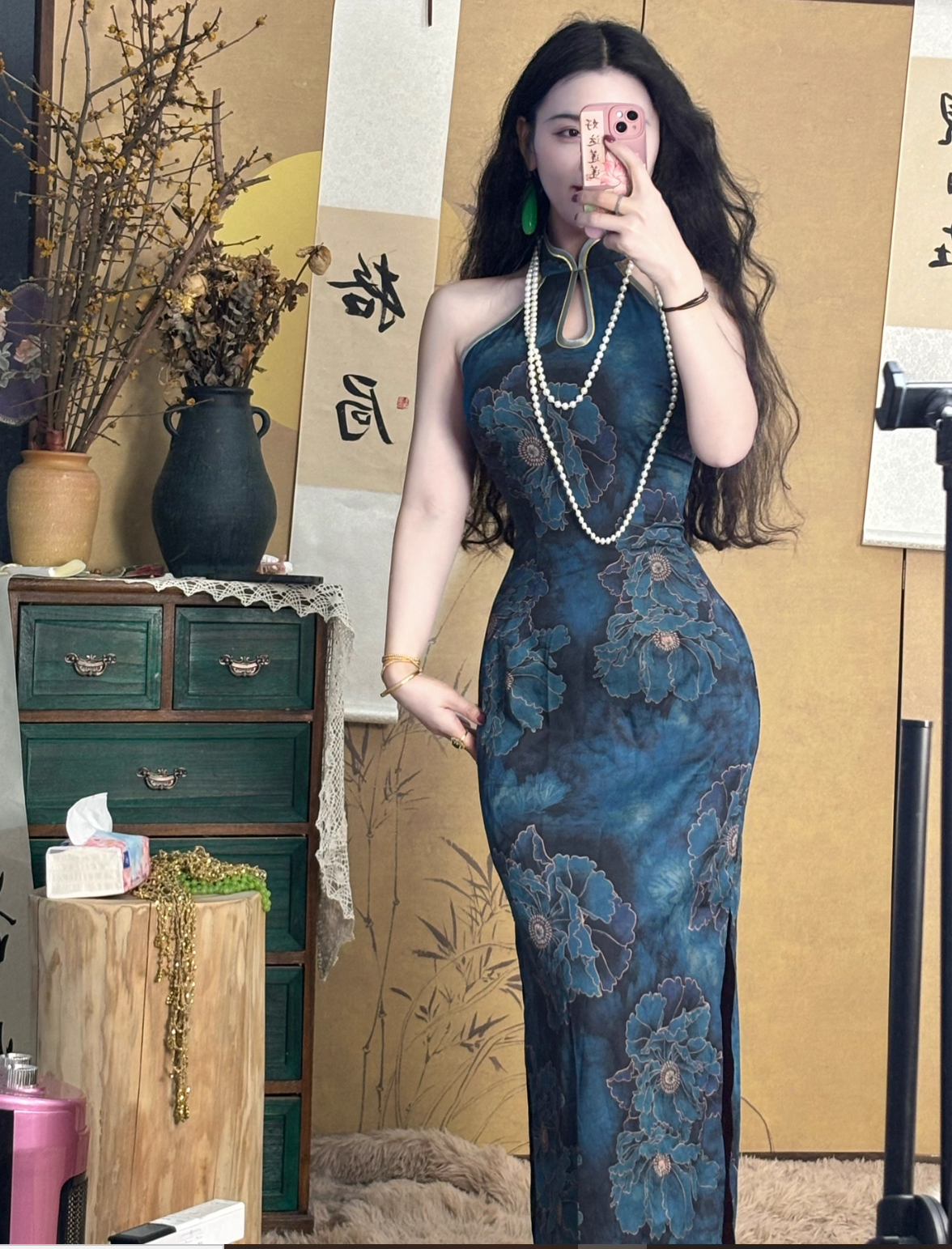 Midnight blue qipao dress with floral patterns 