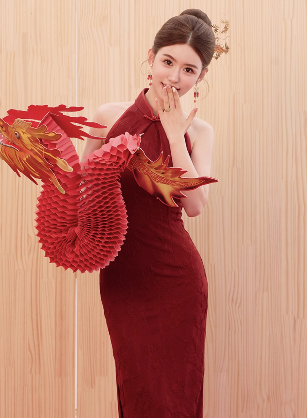 Elegant Wine-Red Lace Halter Qipao Dress
