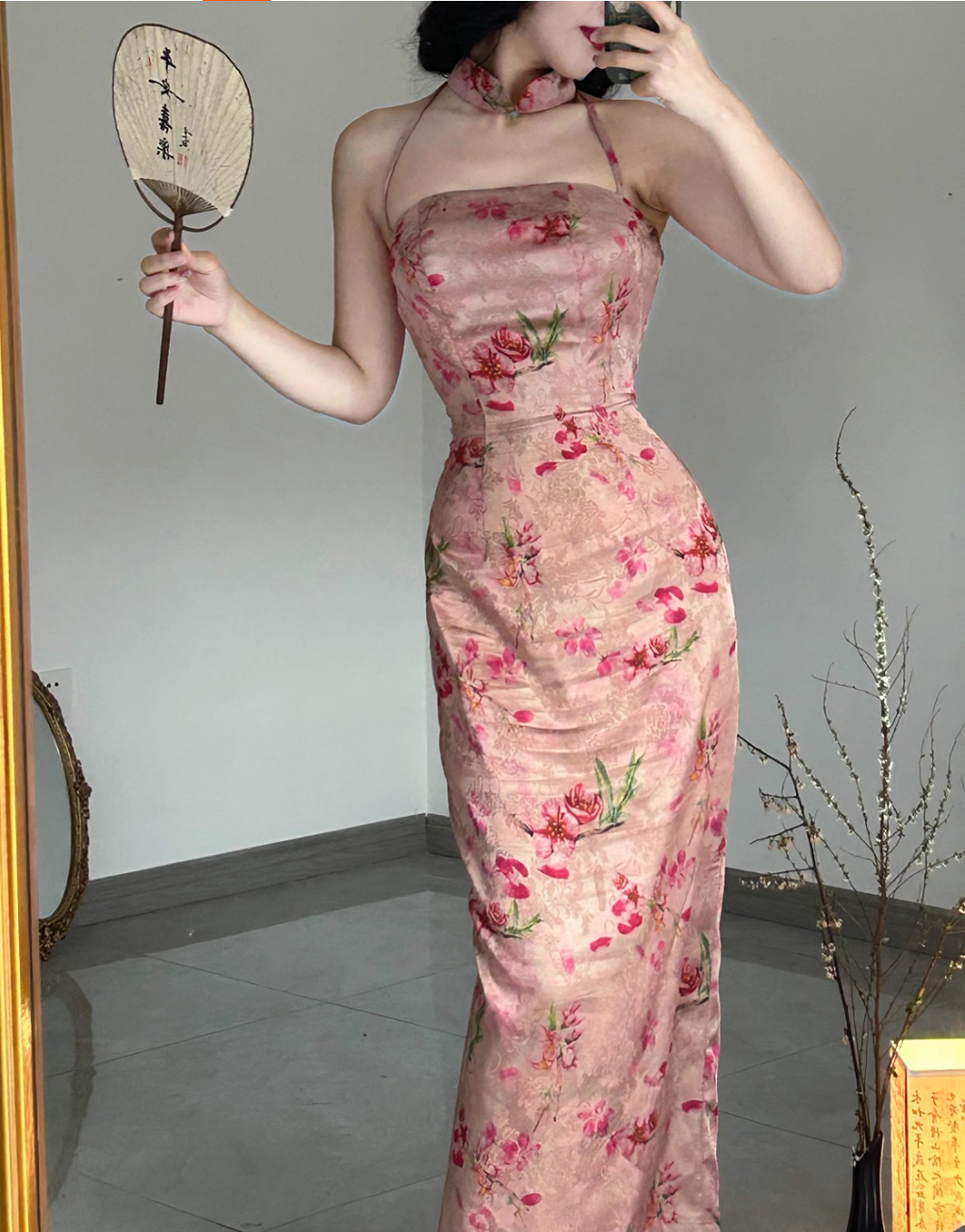 Sakura Blossom Halter Jacquard Cheongsam Dress