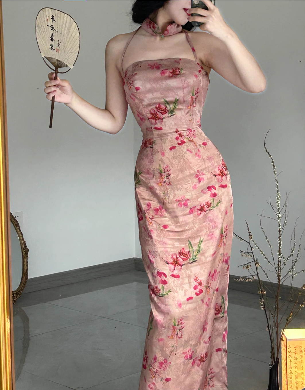 Sakura Blossom Halter Jacquard Cheongsam Dress