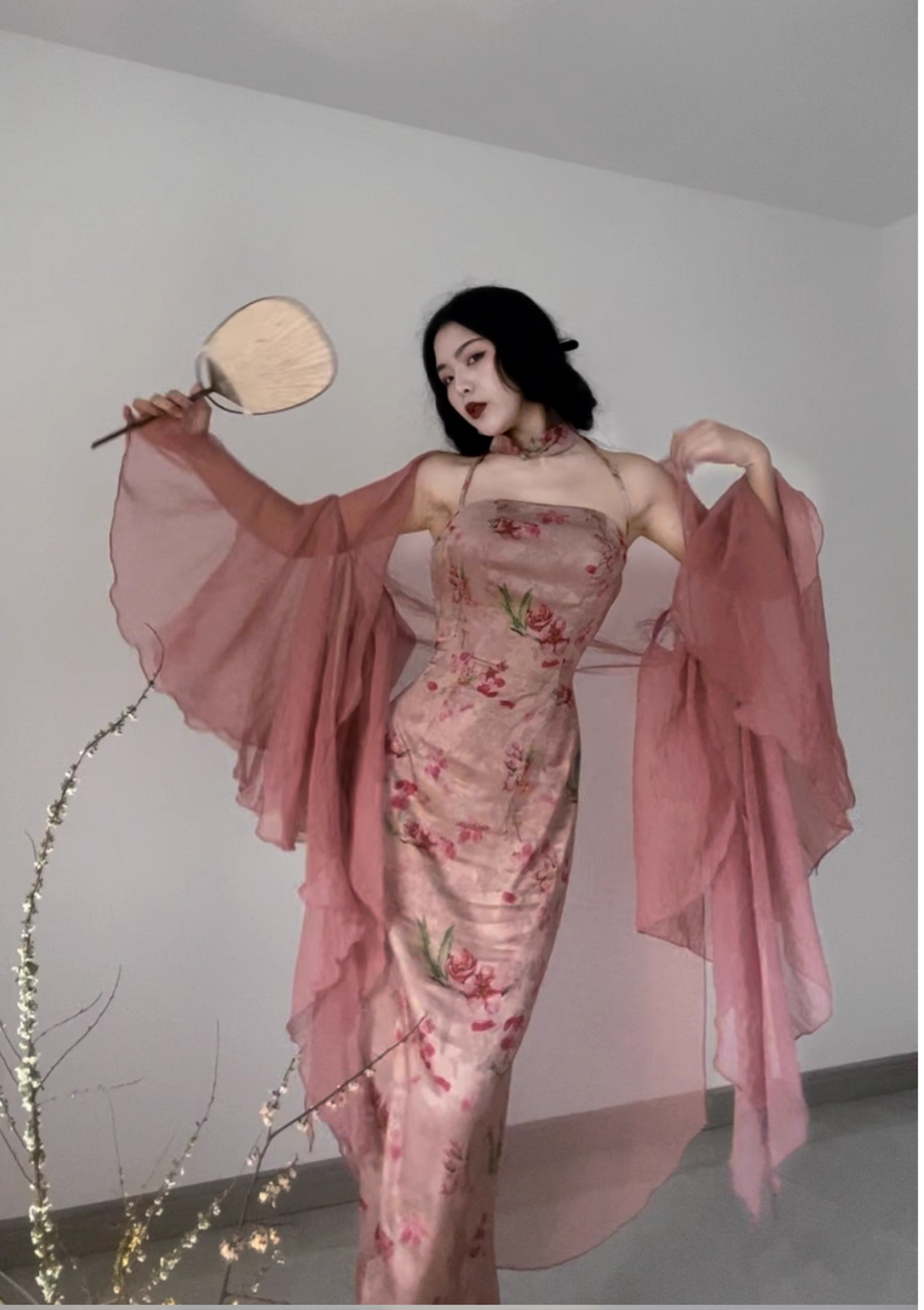 Sakura Blossom Halter Jacquard Cheongsam Dress