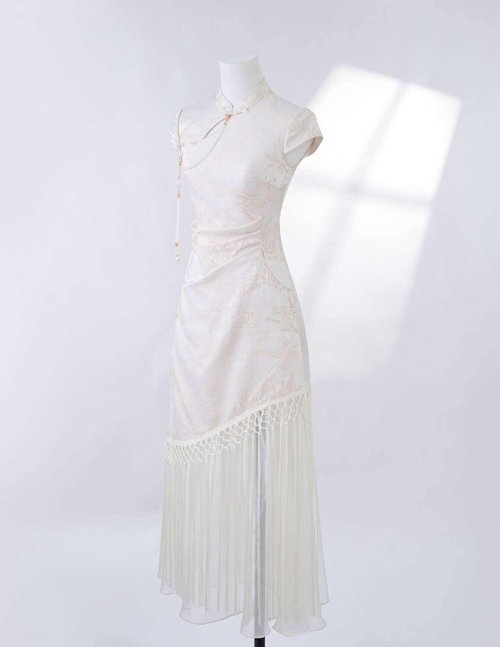 Platinum White Tassel Qipao Maxi Dress