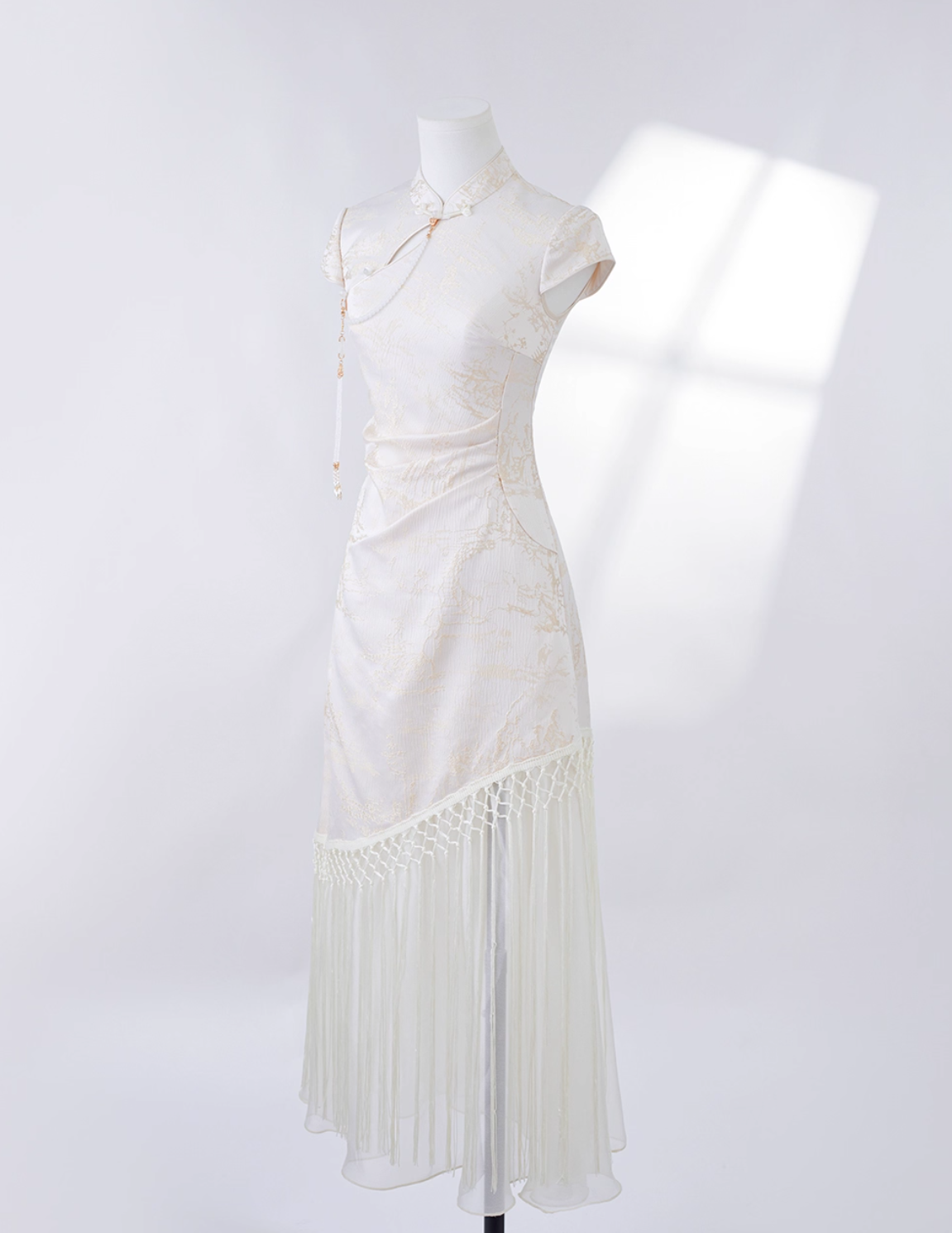 Platinum White Tassel Qipao Maxi Dress